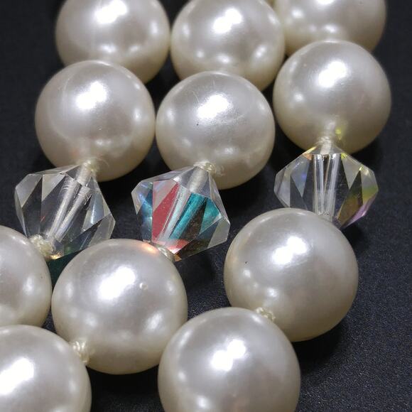 Vintage Japan Pearl Necklace 3 Strand AB Crystals 1950s - Picture 7 of 10